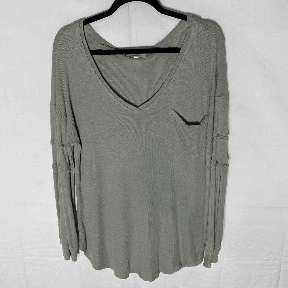 Grace & Lace Green Waffle Knit Deep V Neck Long Sleeve Top L